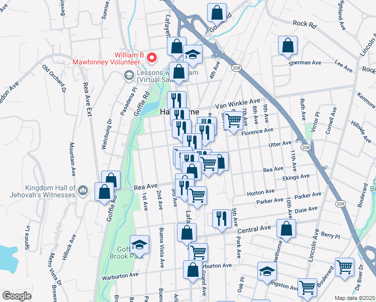 map of restaurants, bars, coffee shops, grocery stores, and more near 649 Lafayette Avenue in Hawthorne