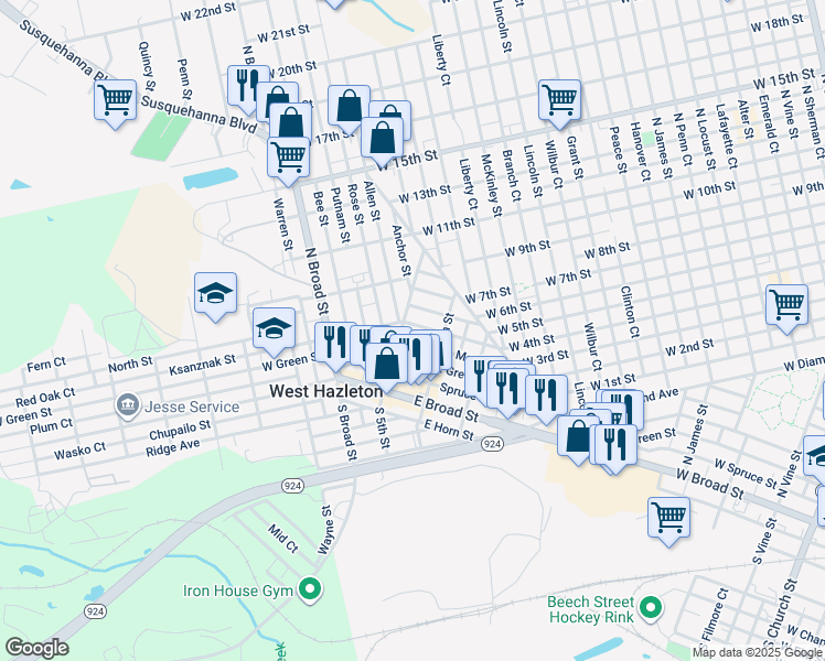 map of restaurants, bars, coffee shops, grocery stores, and more near 2 Oak Street in West Hazleton