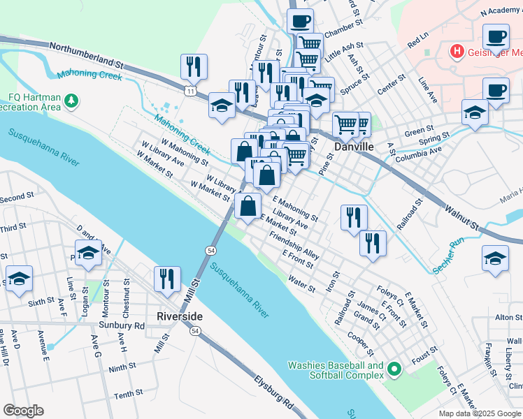 map of restaurants, bars, coffee shops, grocery stores, and more near 108 Mill Street in Danville