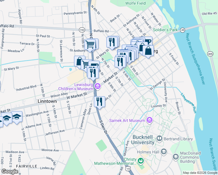 map of restaurants, bars, coffee shops, grocery stores, and more near 27 S 8th St in Lewisburg