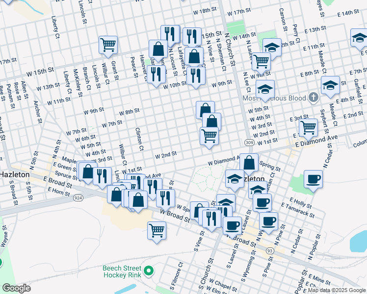 map of restaurants, bars, coffee shops, grocery stores, and more near 527 West 2nd Street in Hazleton