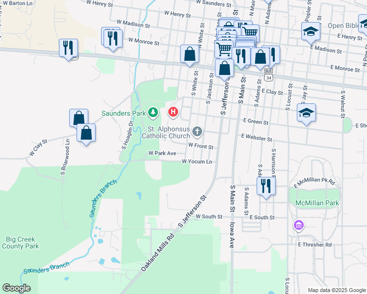 map of restaurants, bars, coffee shops, grocery stores, and more near 701 South White Street in Mount Pleasant