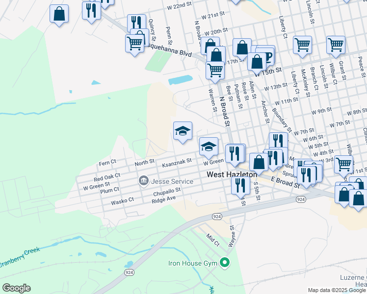 map of restaurants, bars, coffee shops, grocery stores, and more near 325 North Street in West Hazleton