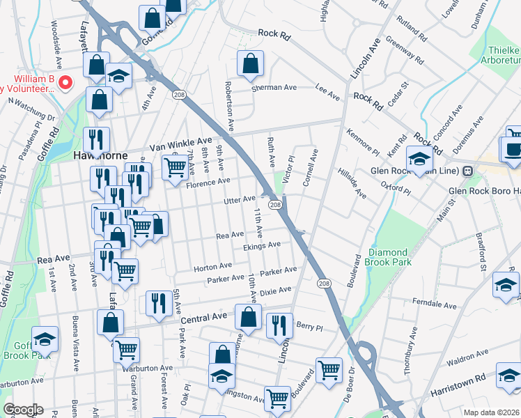 map of restaurants, bars, coffee shops, grocery stores, and more near 111 11th Avenue in Hawthorne