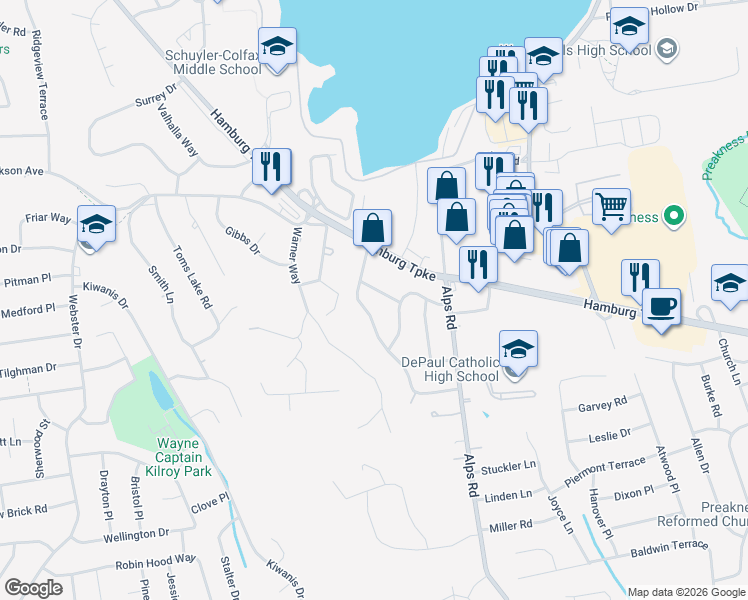 map of restaurants, bars, coffee shops, grocery stores, and more near 9 Breen Terrace in Wayne