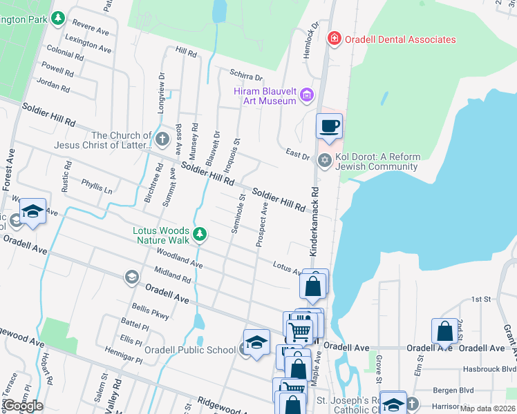 map of restaurants, bars, coffee shops, grocery stores, and more near 555 Prospect Ave in Oradell