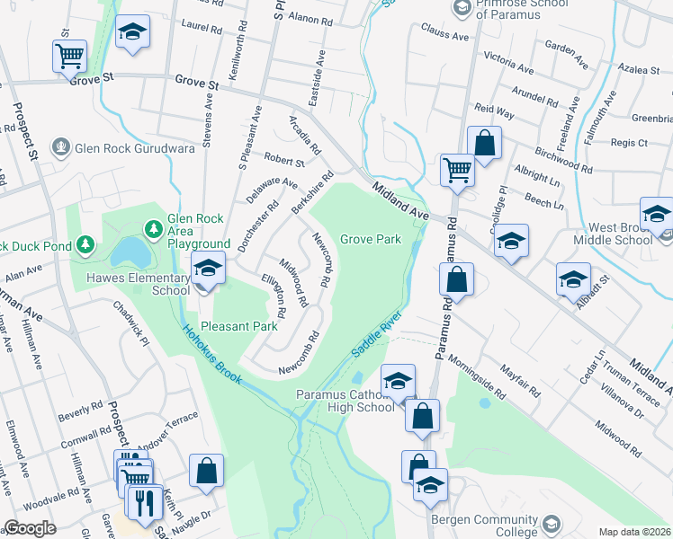 map of restaurants, bars, coffee shops, grocery stores, and more near 689 Newcomb Road in Ridgewood