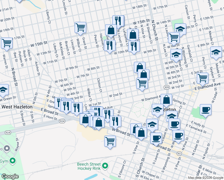 map of restaurants, bars, coffee shops, grocery stores, and more near 621 West 3rd Street in Hazleton