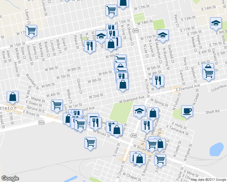 map of restaurants, bars, coffee shops, grocery stores, and more near 432 West 3rd Street in Hazleton