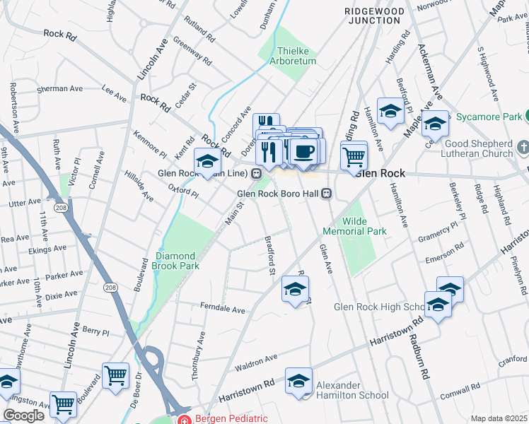 map of restaurants, bars, coffee shops, grocery stores, and more near 29 Bradford Street in Glen Rock