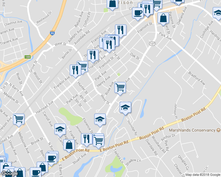 map of restaurants, bars, coffee shops, grocery stores, and more near 11 Rose Avenue in Harrison