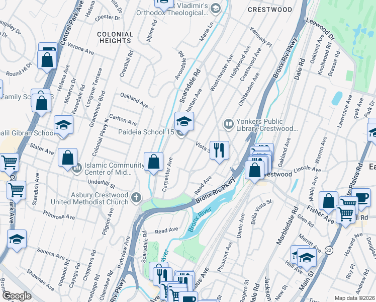 map of restaurants, bars, coffee shops, grocery stores, and more near 34 Hollywood Avenue in Tuckahoe