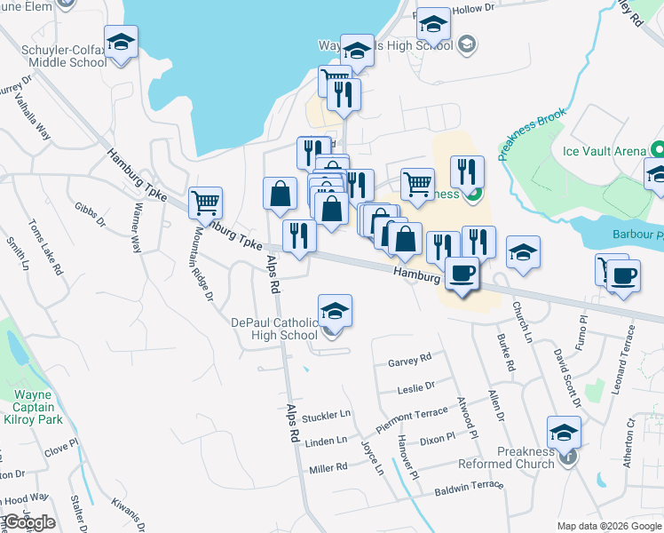 map of restaurants, bars, coffee shops, grocery stores, and more near in Wayne