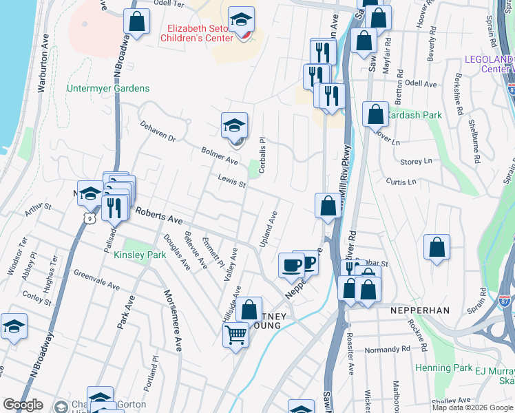 map of restaurants, bars, coffee shops, grocery stores, and more near 213 Hillside Avenue in Yonkers