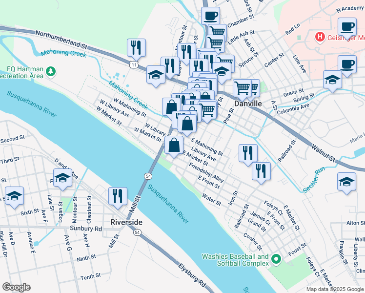 map of restaurants, bars, coffee shops, grocery stores, and more near 108 Mill Street in Danville