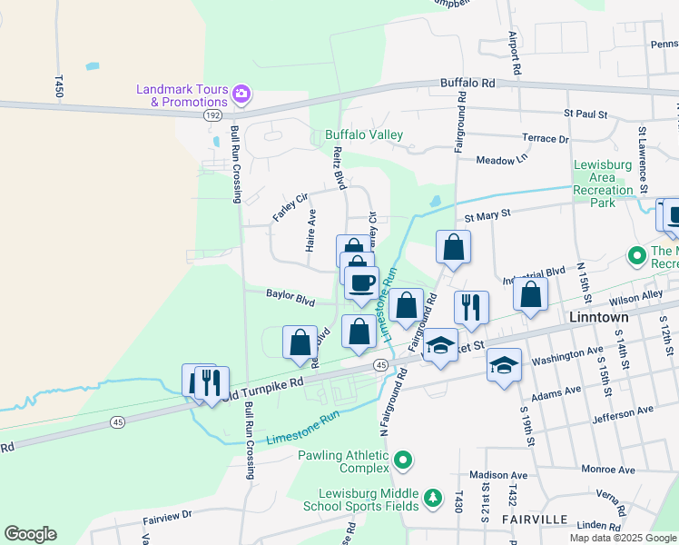 map of restaurants, bars, coffee shops, grocery stores, and more near 2 Farley Circle in Lewisburg