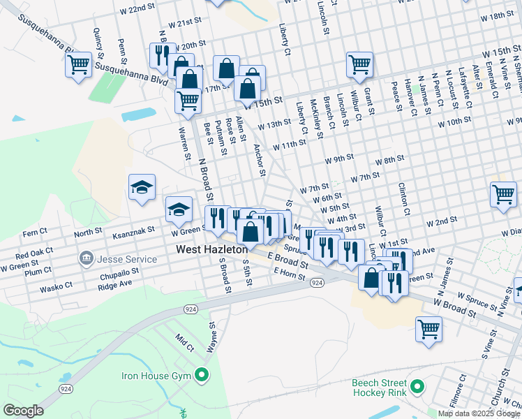 map of restaurants, bars, coffee shops, grocery stores, and more near 2 Oak Street in West Hazleton