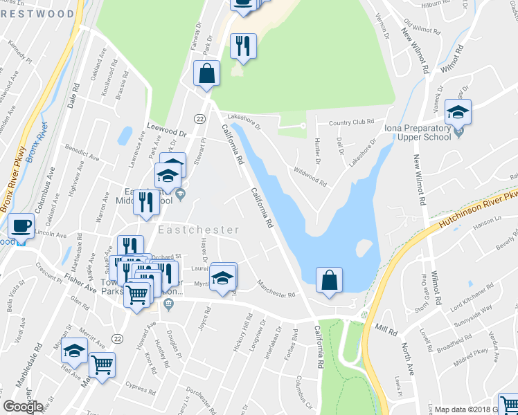 map of restaurants, bars, coffee shops, grocery stores, and more near 1267 California Road in Eastchester