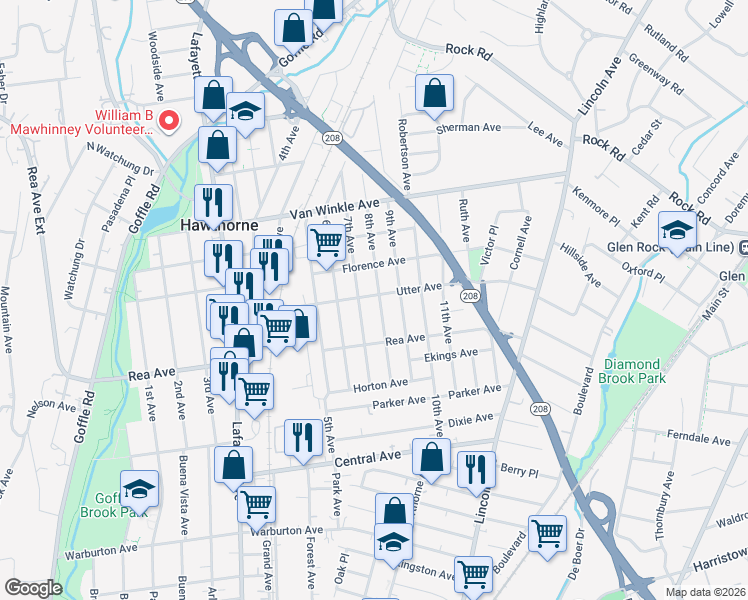 map of restaurants, bars, coffee shops, grocery stores, and more near 78 8th Avenue in Hawthorne