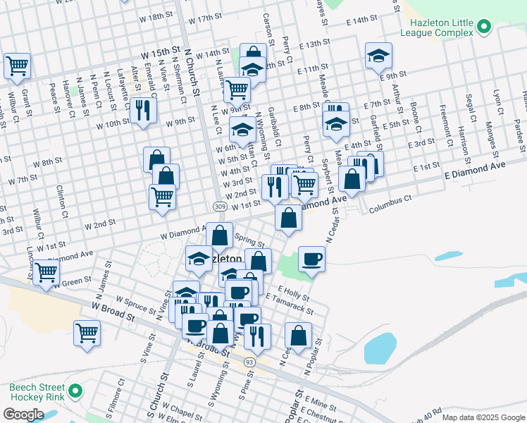 map of restaurants, bars, coffee shops, grocery stores, and more near 27 West Diamond Avenue in Hazleton