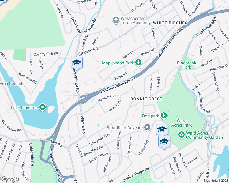map of restaurants, bars, coffee shops, grocery stores, and more near 114 Hanson Lane in New Rochelle