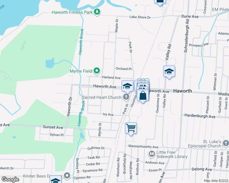 map of restaurants, bars, coffee shops, grocery stores, and more near 169 Maple St in Haworth