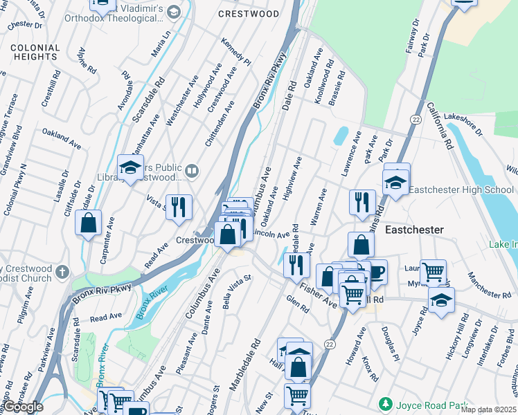 map of restaurants, bars, coffee shops, grocery stores, and more near 338 Columbus Avenue in Tuckahoe