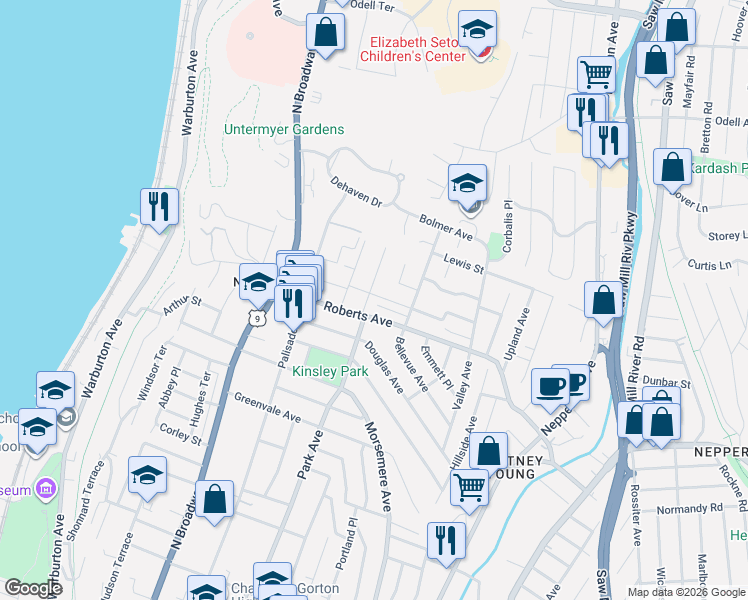 map of restaurants, bars, coffee shops, grocery stores, and more near 2 Park Avenue Terrace in Yonkers