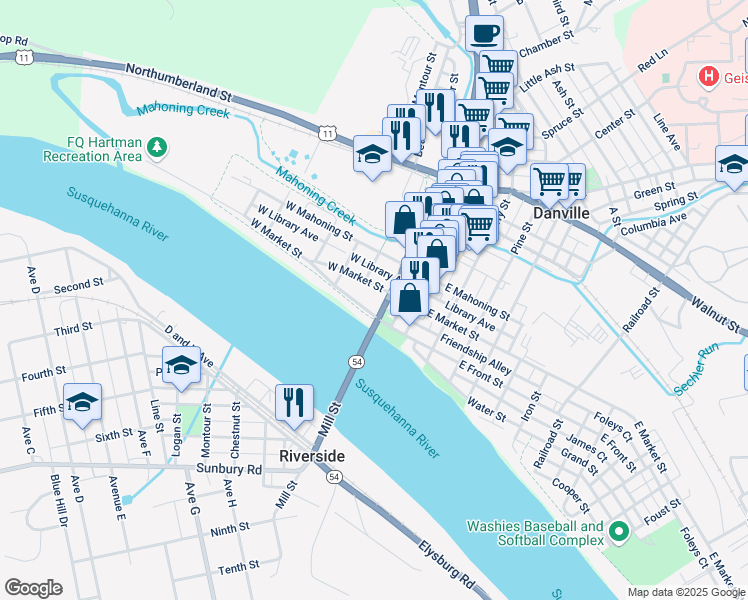 map of restaurants, bars, coffee shops, grocery stores, and more near 18 West Market Street in Danville