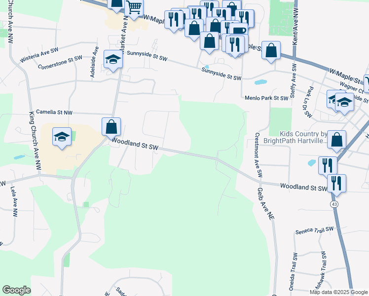 map of restaurants, bars, coffee shops, grocery stores, and more near 1019 1049 in Hartville