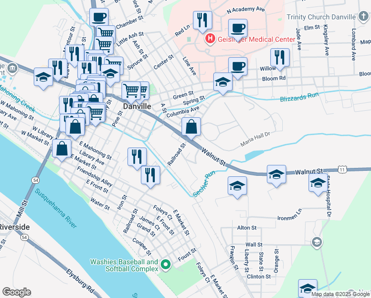map of restaurants, bars, coffee shops, grocery stores, and more near 410 Railroad Street in Danville