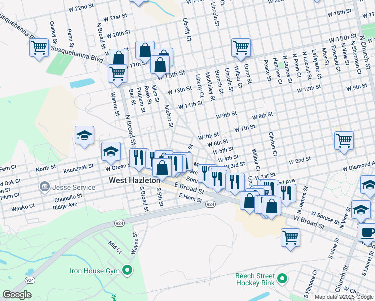 map of restaurants, bars, coffee shops, grocery stores, and more near 39 East Oak Street in Hazleton