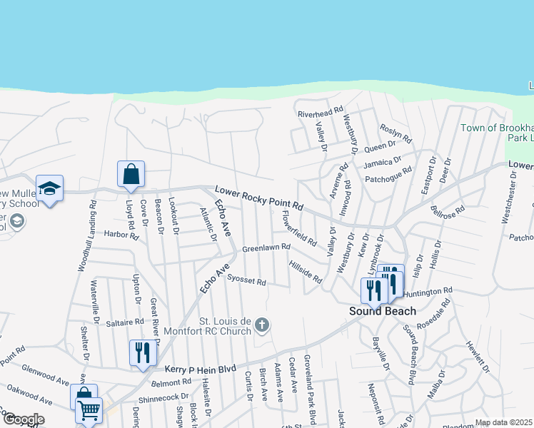 map of restaurants, bars, coffee shops, grocery stores, and more near 52 Sunrise Drive in Sound Beach