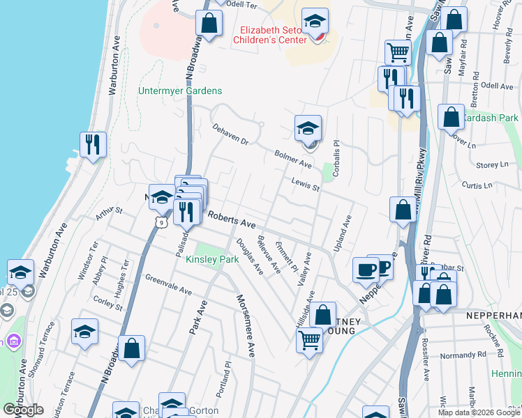 map of restaurants, bars, coffee shops, grocery stores, and more near 111 Bellevue Place in Yonkers