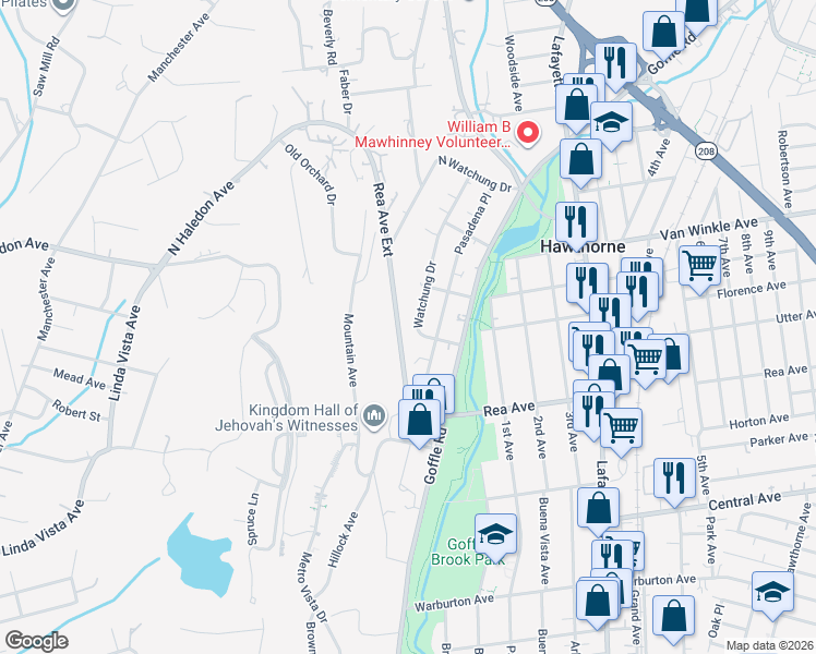 map of restaurants, bars, coffee shops, grocery stores, and more near 40 Watchung Drive in Hawthorne