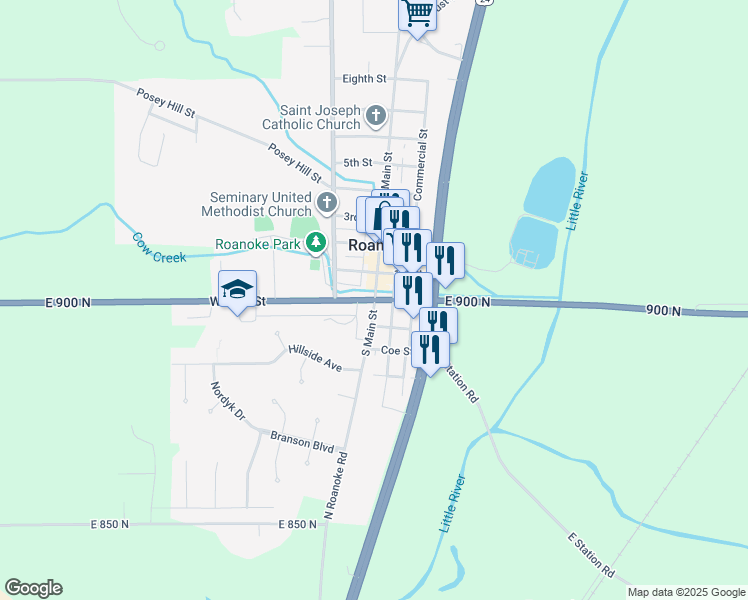 map of restaurants, bars, coffee shops, grocery stores, and more near 177 East 900 North in Roanoke