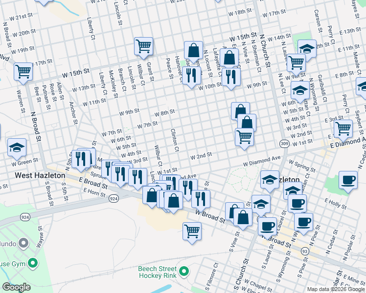 map of restaurants, bars, coffee shops, grocery stores, and more near 571 Clinton Court in Hazleton