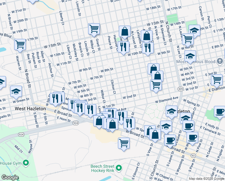 map of restaurants, bars, coffee shops, grocery stores, and more near 730 West 4th Street in Hazleton