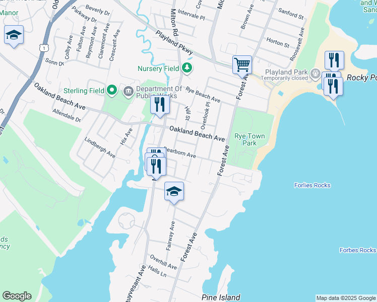 map of restaurants, bars, coffee shops, grocery stores, and more near 53 Dearborn Avenue in Rye