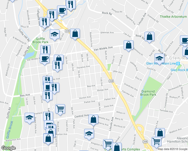 map of restaurants, bars, coffee shops, grocery stores, and more near 144 10th Avenue in Hawthorne