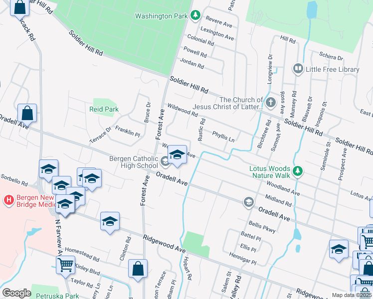 map of restaurants, bars, coffee shops, grocery stores, and more near 1012 Woodland Avenue in Oradell