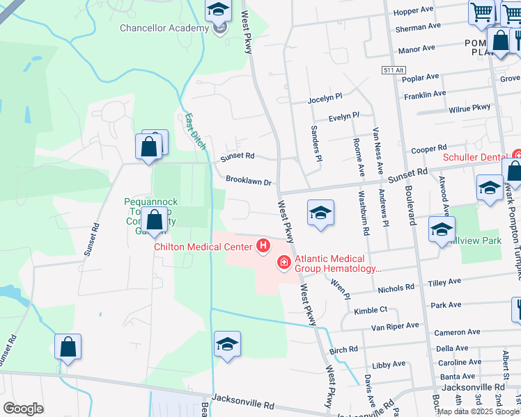 map of restaurants, bars, coffee shops, grocery stores, and more near 8 Whipple Road in Pequannock Township