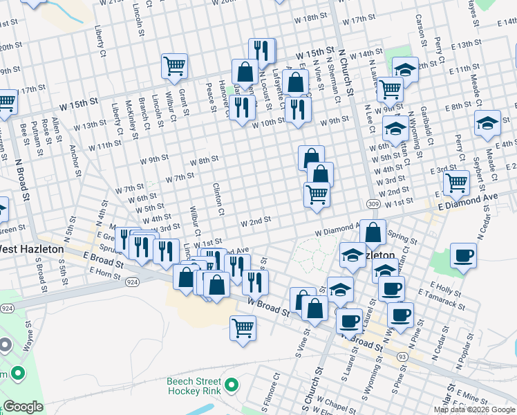 map of restaurants, bars, coffee shops, grocery stores, and more near 621 West 3rd Street in Hazleton