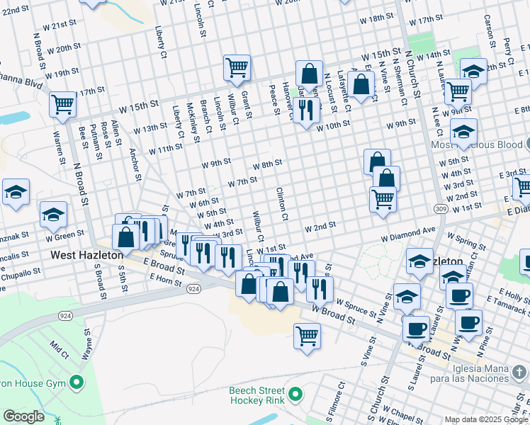 map of restaurants, bars, coffee shops, grocery stores, and more near 582 Grant Street in Hazleton