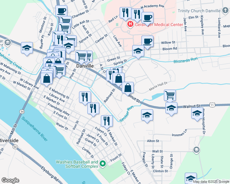 map of restaurants, bars, coffee shops, grocery stores, and more near 410 Railroad Street in Danville