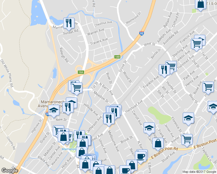 map of restaurants, bars, coffee shops, grocery stores, and more near 723 North Barry Avenue in Mamaroneck