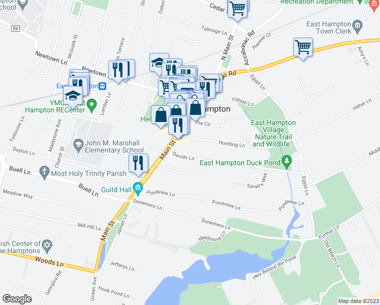 map of restaurants, bars, coffee shops, grocery stores, and more near 22 Davids Lane in East Hampton