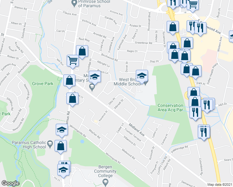 map of restaurants, bars, coffee shops, grocery stores, and more near 535 Otto Place in Paramus