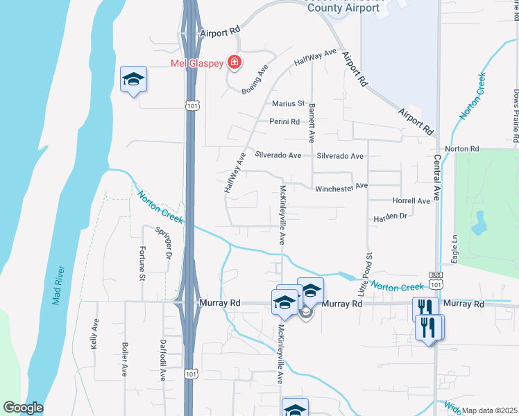 map of restaurants, bars, coffee shops, grocery stores, and more near 1099 Coach Way in McKinleyville