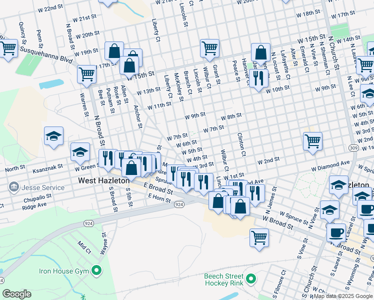 map of restaurants, bars, coffee shops, grocery stores, and more near 596 McKinley Street in Hazleton